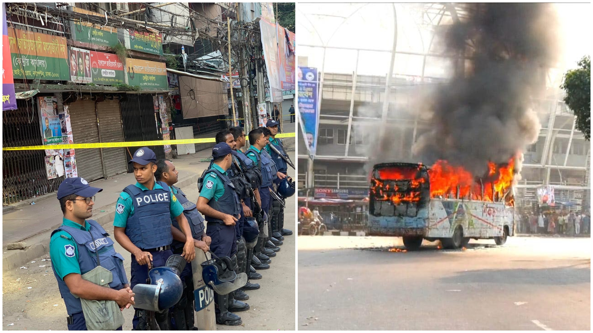 নয়াপল্টনে সতর্ক পুলিশ, বায়তুল মোকাররমের দক্ষিণ গেটে বাসে আগুন