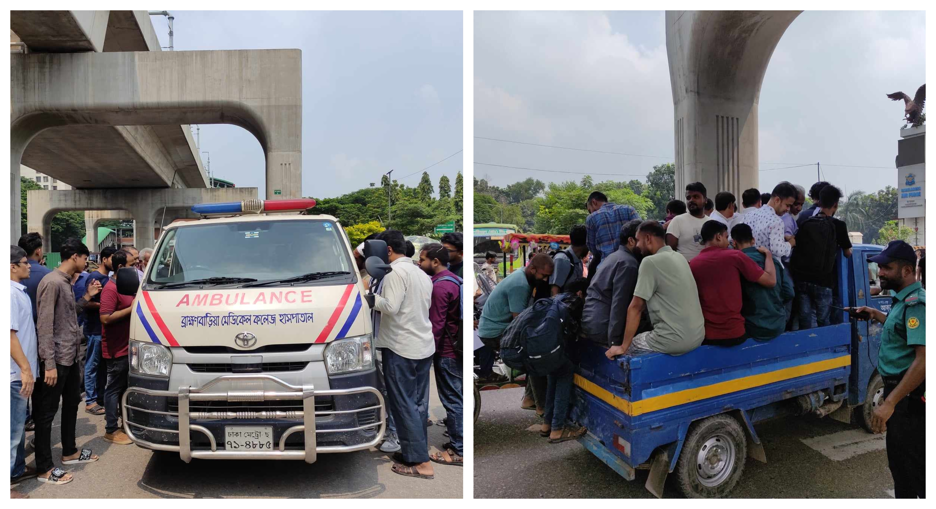 আগারগাঁও–মতিঝিল অংশে মেট্রোরেল বন্ধ, যাত্রীরা বাস না পেয়ে পিকআপ-অ্যাম্বুলেন্সে