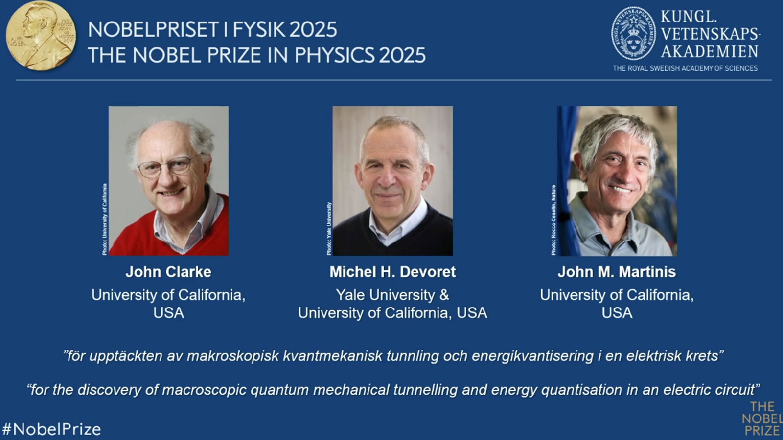 পদার্থবিজ্ঞানে নোবেল পেলেন ক্যালিফোর্নিয়া বিশ্ববিদ্যালয়ের ৩ গবেষক