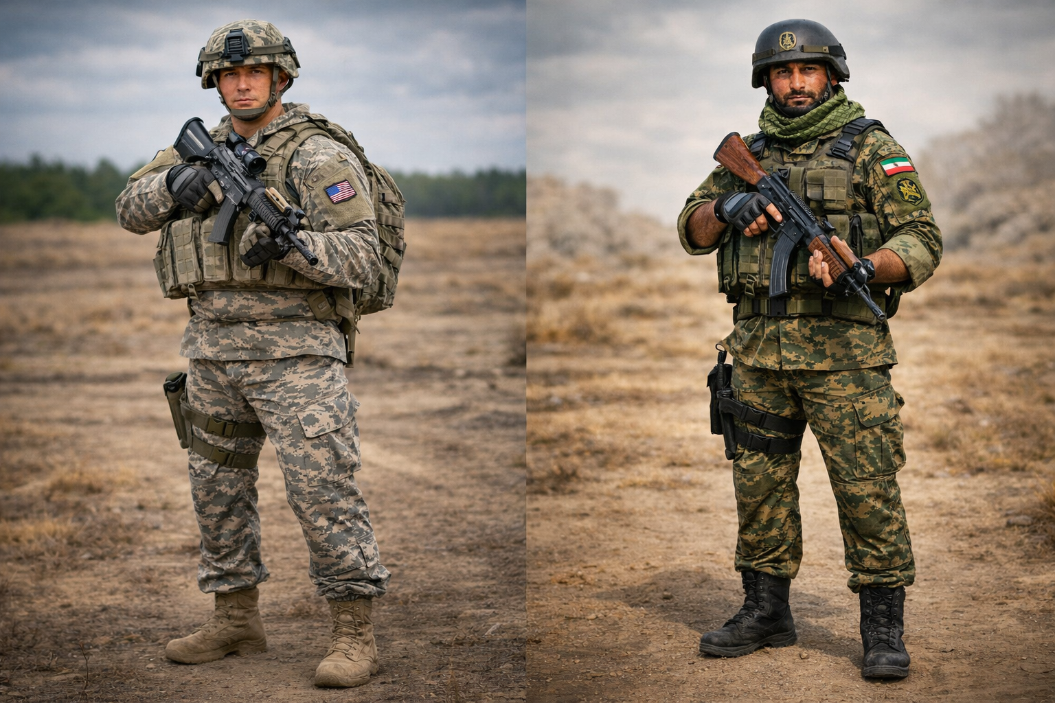 অস্ত্র সজ্জিত মার্কিন সেনা ও ইরানি সেনা। প্রতীকী ছবি: এআই দিয়ে তৈরি
