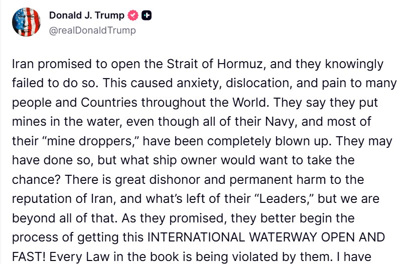 ট্রাম্পের দীর্ঘ পোস্টের অংশবিশেষ। ছবি: স্ক্রিণশট