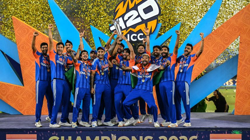 India's players celebrate with the trophy after winning the 2026 ICC Men's T20 Cricket World Cup final 