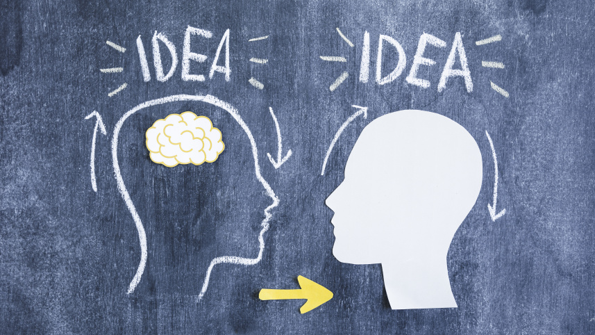 drawn-paper-cutout-with-arrows-exchanging-thoughts-blackboard