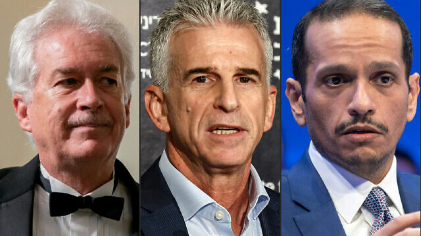 বাম থেকে ডানে: সিআইএ পরিচালক উইলিয়াম বার্নস, মোসাদ পরিচালক ডেভিড বারনিয়া ও কাতারের প্রধানমন্ত্রী ও পররাষ্ট্রমন্ত্রী শেখ মোহাম্মদ বিন আবদুলরাহমান আল-থানি। কোলাজ ছবি: এএফপি 