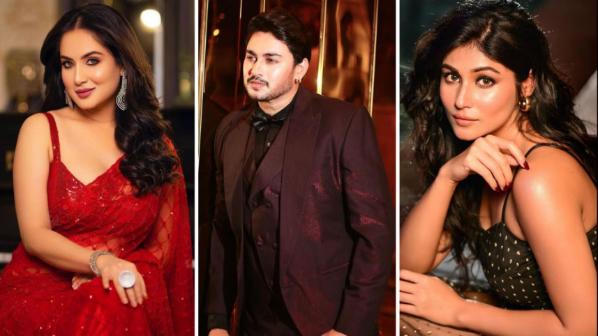 পিচ্চি হান্নান চরিত্র জয় চৌধুরী ও তার সঙ্গে দুই টালিউড অভিনেত্রীর কোলাজ। ছবি: সংগৃহীত