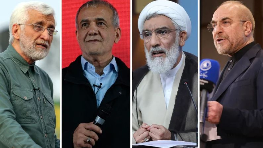 নির্বাচনের চার প্রার্থী (বাম থেকে ডানে) জ্যেষ্ঠ নিরাপত্তা কর্মকর্তা সাইদ জালিলি, সংস্কারপন্থী আইনপ্রণেতা মাসুদ পেজেশকিয়ান, নিরাপত্তা কর্মকর্তা মোস্তফা পুরমোহাম্মদি এবং  পার্লামেন্ট স্পিকার মোহাম্মদ বাঘের গালিবাফ। কোলাজ ছবি: সংগৃহীত 