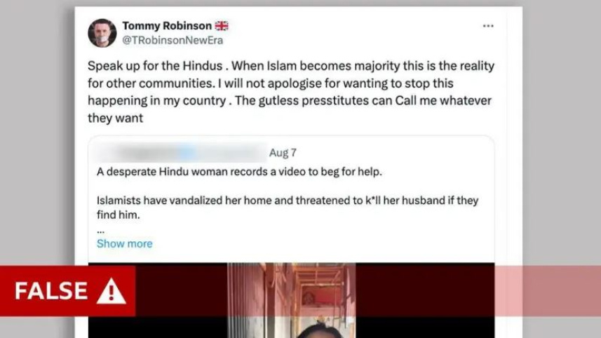 যুক্তরাজ্যে উগ্র ডানপন্থি হিসেবে পরিচিত টমি রবিনসন, তথা স্টিফেন ইয়াক্সলি-লেননের একটি 'এক্স' পোস্ট। ছবি: স্ক্রিণশট