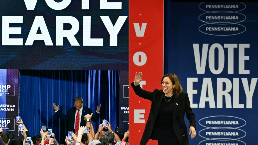 মার্কিন প্রেসিডেন্ট নির্বাচনে কমলা-ট্রাম্পের দ্বৈরথ দেখার অপেক্ষা বিশ্ববাসী। ছবি: এএফপি