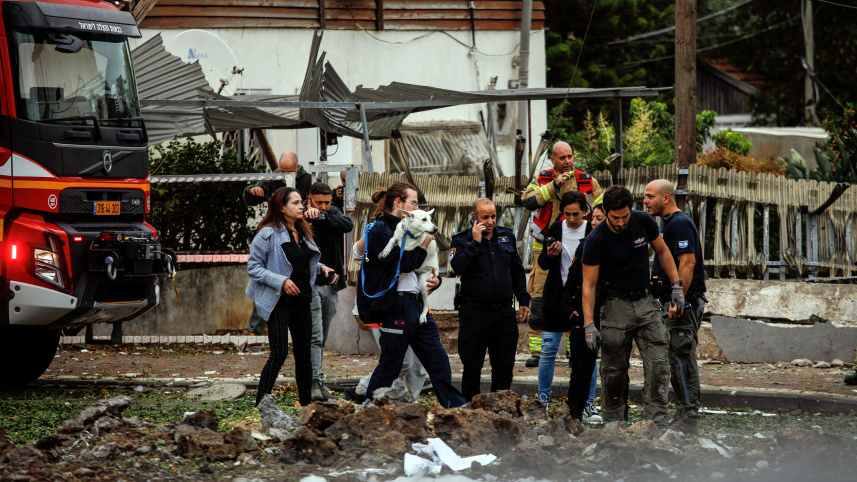 লেবানিজ রকেটে আহত ইসরায়েলি কুকুরকে সেবা দিচ্ছে চিকিৎসাকর্মী। ছবি: রয়টার্স