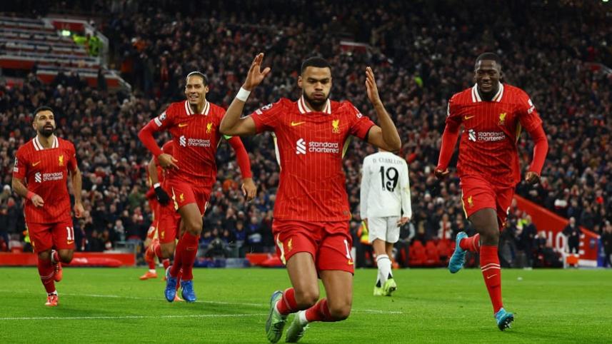 Liverpool's Cody Gakpo celebrates scoring their second goal 
