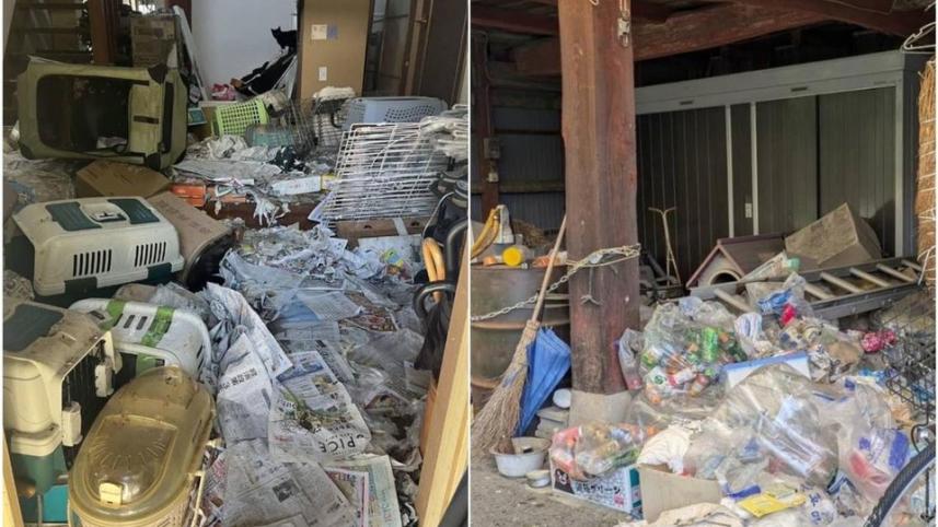 অ্যানিম্যাল অ্যাসিস্ট সেনজুর পোস্টে দেওয়া ছবিতে দেখা গেছে, বাড়িটিতে আবর্জনা স্তূপ জমে আছে। ছবি: ইনস্টাগ্রাম থেকে কোলাজ