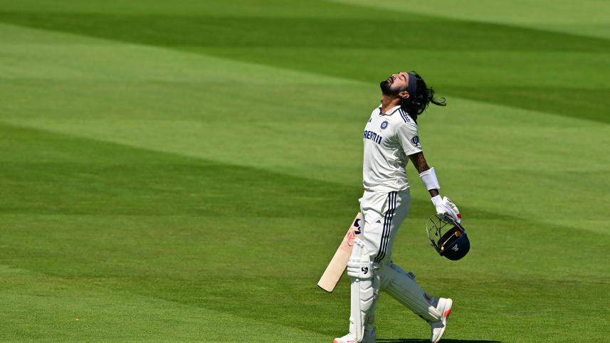 India's KL Rahul reacts to reaching his century