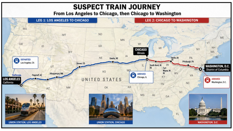 লস অ্যাঞ্জেলস থেকে শিকাগো হয়ে ওয়াশিংটন রুট। ছবি: এআই দিয়ে তৈরি 