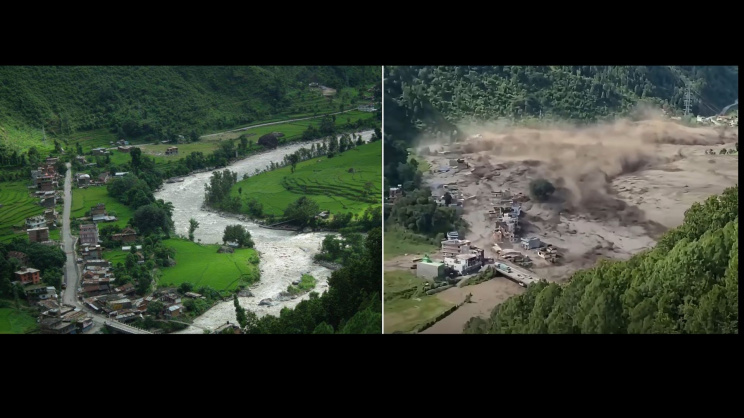 বেত্রাবতী বাজার বন্যার আগে (বামে) ও বন্যার পরের অবস্থা (ডানে)।ছবি: কাঠমুণ্ডু পোস্ট