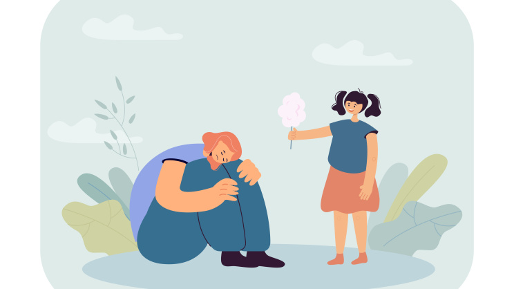 Cute little girl offering cotton candy to sad friend
