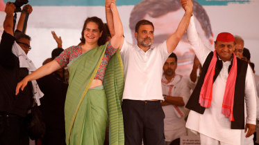 উত্তর প্রদেশে নির্বাচনী প্রচারণায় ইন্ডিয়া জোটের নেতা প্রিয়াঙ্কা গান্ধী, রাহুল গান্ধী ও অখিলেশ যাদব। ছবি: রয়টার্স