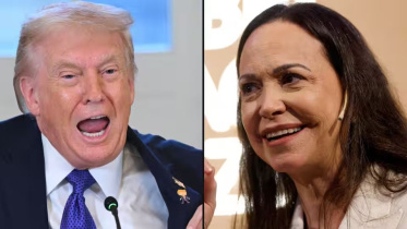 ট্রাম্প ও মাচাদো। কোলাজ ছবি: এএফপি