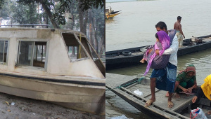 নৌ-অ্যাম্বুলেন্সটি অকেজো হয়ে পড়ে থাকায় রোগীদের কোলে তুলে হাসপাতালে নিতে হয়। ছবি: সংগৃহীত